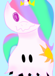 Size: 751x1029 | Tagged: safe, artist:rottenbabe, derpibooru exclusive, princess celestia, mimikyu, g4, blue background, crossover, cutie mark, pokémon, pokémon sun and moon, simple background, sun and moon