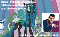Size: 623x383 | Tagged: safe, edit, edited screencap, screencap, queen chrysalis, shining armor, changeling, changeling queen, g4, character comparison, comparison, female, image macro, lazytown, meme, robbie rotten, song in the comments, stefan karl stefansson, we are number one in the comments