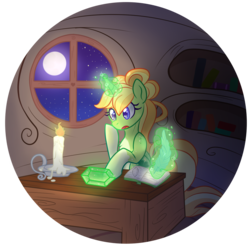 Size: 1151x1133 | Tagged: artist needed, safe, oc, oc only, oc:shamrock shock, pony, unicorn, book, candle, clover, enchantment, female, four leaf clover, gem, glowing horn, horn, levitation, magic, mare, moon, night, quill, solo, stars, telekinesis