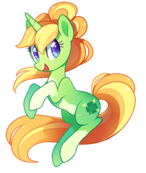 Size: 665x786 | Tagged: safe, artist:tsurime, oc, oc only, oc:shamrock shock, pony, unicorn, clover, cute, female, four leaf clover, freckles, looking at you, mare, open mouth, simple background, smiling, solo, transparent background