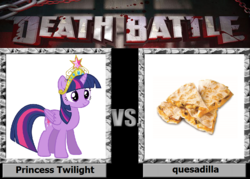 Size: 1008x720 | Tagged: safe, twilight sparkle, alicorn, pony, g4, big crown thingy, death battle, exploitable meme, female, food, jewelry, meme, quesadilla, regalia, solo, they're just so cheesy, twilight sparkle (alicorn)