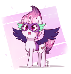 Size: 2322x2400 | Tagged: safe, artist:dsp2003, oc, oc only, oc:sakuragi-san, pony, unicorn, equestria girls, g4, chibi, clothes, cosplay, costume, cute, fake wings, female, flower, flower in hair, flower petals, high res, mask, midnight sparkle, open mouth, solo, style emulation