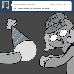 Size: 666x667 | Tagged: safe, artist:egophiliac, princess luna, moonstuck, g4, cartographer's cap, filly, grayscale, hat, lunar stone, monochrome, offscreen character, party hat, woona, woonoggles, younger