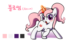 Size: 1280x720 | Tagged: safe, artist:haden-2375, oc, oc only, oc:candy blossom, pony, unicorn, cute, female, glowing horn, horn, looking at you, mare, ocbetes, open mouth, ponytail, raised hoof, reference sheet, smiling, solo, translation
