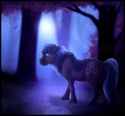 Size: 1024x950 | Tagged: safe, artist:flora-tea, oc, oc only, oc:jaeger sylva, pony, clothes, forest, leaves, moonlight, night, realistic, scarf, solo
