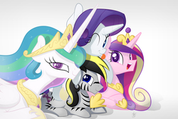 Size: 3000x2000 | Tagged: safe, artist:atomic8497, princess cadance, princess celestia, rarity, oc, zebra, g4, canon x oc, high res, one eye closed, shipping, tongue out, wink