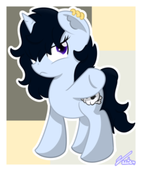 Size: 1065x1280 | Tagged: safe, artist:vaetan, oc, oc only, oc:meanie moon, pony, unicorn, ear fluff, ear piercing, frown, piercing, solo, underhoof