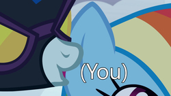 Size: 1920x1080 | Tagged: safe, edit, edited screencap, screencap, nightshade, rainbow dash, pegasus, pony, g4, (you), 4chan, clothes, costume, ears, female, mare, reaction image, shadowbolts, shadowbolts costume, whispering