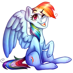 Size: 3000x3000 | Tagged: safe, artist:kyaokay, artist:micky-ann, rainbow dash, pony, g4, blushing, collaboration, female, high res, one eye closed, open mouth, simple background, solo, spread wings, transparent background, wink