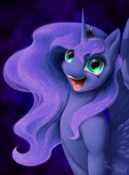 Size: 1024x1384 | Tagged: safe, artist:the1xeno1, princess luna, pony, g4, cute, female, fluffy, happy, lunabetes, open mouth, solo, spread wings