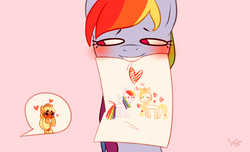 Size: 1024x621 | Tagged: safe, artist:littmosa, applejack, rainbow dash, g4, blushing, drawing, female, heart, lesbian, mouth hold, offscreen character, ship:appledash, shipping, simple background