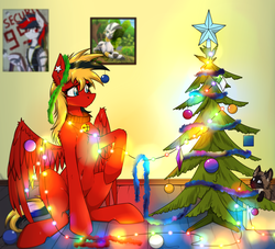 Size: 2200x2000 | Tagged: safe, artist:twotail813, oc, oc only, oc:twotail, cat, pegasus, pony, rcf community, bell, bell collar, belly button, christmas tree, collar, decoration, happy new year, high res, solo, tree