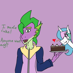 Size: 844x844 | Tagged: safe, artist:moonakart13, artist:moonaknight13, princess celestia, spike, g4, adult spike, ask-spike-the-demon, cake, clothes, crack shipping, food, freckles, heart, holding, jumper, licking, licking lips, male, older, ship:spikelestia, shipping, shirt, simple background, straight, text, tongue out