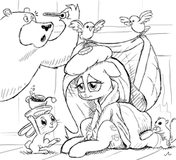 Size: 3300x3000 | Tagged: safe, artist:docwario, angel bunny, fluttershy, harry, bird, pony, squirrel, g4, black and white, blanket, brushing, caring for the sick, clothes, dressing gown, fireplace, floppy ears, food, grayscale, high res, ice pack, illness, lidded eyes, monochrome, sick, sitting, snot, tea, thermometer