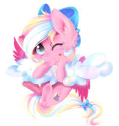 Size: 1600x1700 | Tagged: safe, artist:skajcia, oc, oc only, oc:bay breeze, pegasus, pony, bow, cloud, female, hair bow, mare, one eye closed, pegasus oc, simple background, solo, transparent background, wings, wink