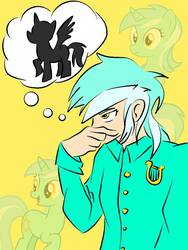 Size: 768x1024 | Tagged: safe, artist:idioticsilhouette, lyra heartstrings, alicorn, human, g4, female, humanized, solo, thought bubble