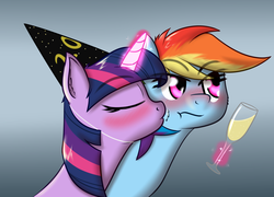 Size: 916x659 | Tagged: safe, artist:zogzor, rainbow dash, twilight sparkle, g4, alcohol, blushing, champagne, cheek kiss, female, hat, kissing, lesbian, party hat, ship:twidash, shipping, tsunderainbow, tsundere, wine