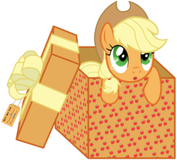 Size: 8000x7273 | Tagged: safe, artist:justisanimation, part of a set, applejack, earth pony, pony, g4, absurd resolution, box, female, looking up, open mouth, pony in a box, present, simple background, solo, transparent background