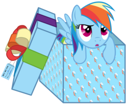 Size: 7626x6239 | Tagged: safe, artist:justisanimation, part of a set, rainbow dash, pony, g4, absurd resolution, box, female, looking up, open mouth, pony in a box, present, simple background, solo, transparent background