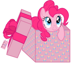 Size: 8000x7127 | Tagged: safe, artist:justisanimation, part of a set, pinkie pie, earth pony, pony, g4, absurd resolution, box, bronybait, cute, female, looking up, pony in a box, present, simple background, smiling, solo, transparent background