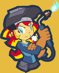 Size: 537x670 | Tagged: safe, artist:rvceric, sunset shimmer, equestria girls, friendship games, g4, clothes, female, rosie the riveter, simple background, solo, sunset welder, welder, welding mask