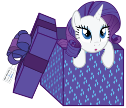 Size: 7764x6655 | Tagged: safe, artist:justisanimation, part of a set, rarity, pony, g4, 2017, absurd resolution, box, cute, female, looking up, new year, open mouth, pony in a box, present, simple background, solo, transparent background
