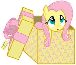 Size: 8000x6836 | Tagged: safe, artist:justisanimation, part of a set, fluttershy, pony, g4, 2017, absurd resolution, box, cute, female, flutterbox, looking up, new year, open mouth, pony in a box, present, shyabetes, simple background, solo, transparent background