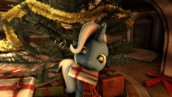Size: 1920x1080 | Tagged: safe, artist:thesokol, trixie, pony, unicorn, g4, 3d, christmas tree, cute, diatrixes, female, looking at you, mare, mouth hold, nose wrinkle, present, scrunchy face, solo, source filmmaker, tree