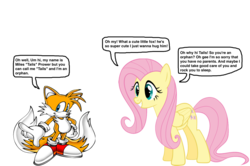 Size: 1489x991 | Tagged: safe, artist:darthraner83, fluttershy, g4, crossover, cute, fluttertails, male, miles "tails" prower, simple background, sonic the hedgehog (series), speech bubble, transparent background