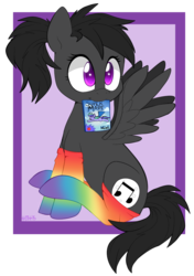 Size: 670x950 | Tagged: safe, oc, oc only, oc:rhapsody, pegasus, pony, clothes, comic, female, magazine, mare, mouth hold, rainbow socks, sitting, socks, solo, striped socks