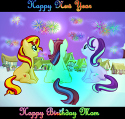 Size: 1495x1421 | Tagged: safe, artist:majkashinoda626, moondancer, starlight glimmer, sunset shimmer, pony, unicorn, g4, counterparts, cute, female, fireworks, glasses, glimmerbetes, happy birthday, happy new year, happy new year 2017, heartwarming description, looking up, mare, night, open mouth, ponyville, rear view, shimmerbetes, sitting, smiling, snow, trio, twilight's counterparts