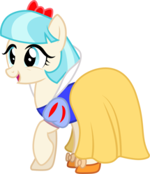 Size: 1001x1164 | Tagged: safe, artist:cloudy glow, coco pommel, earth pony, pony, g4, blue eyes, bow, clothes, clothes swap, cocobetes, cosplay, costume, crossover, cute, disney, dress, female, hair bow, happy, hnnng, open mouth, puffy sleeves, raised hoof, shoes, simple background, smiling, snow white, snow white and the seven dwarfs, solo, transparent background, vector