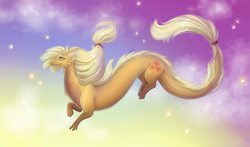 Size: 2900x1700 | Tagged: safe, artist:alina-sherl, applejack, dragon, g4, beautiful, cloud, dragonified, female, flying, freckles, long mane, long tail, smiling, solo, species swap