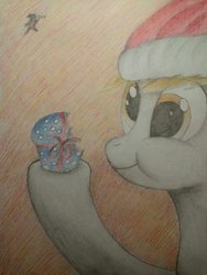 Size: 576x768 | Tagged: safe, artist:ponystarpony, derpy hooves, pegasus, pony, g4, bow, bust, eating, female, food, hat, mare, muffin, portrait, santa hat, solo, traditional art