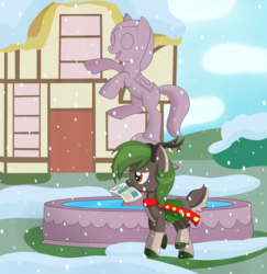 Size: 3500x3600 | Tagged: safe, artist:cloudy95, oc, oc only, oc:gram, deer pony, original species, fountain, high res, newspaper, ponyville, snow, solo, statue