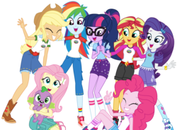 Size: 4584x3375 | Tagged: safe, artist:sketchmcreations, applejack, fluttershy, pinkie pie, rainbow dash, rarity, sci-twi, spike, spike the regular dog, sunset shimmer, twilight sparkle, dog, human, equestria girls, g4, my little pony equestria girls: legend of everfree, clothes, converse, glasses, group photo, group shot, happy, high res, humane five, humane seven, humane six, legend you were meant to be, legs, open mouth, peace sign, shoes, simple background, sleeveless, smiling, song, tank top, transparent background, vector