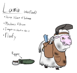 Size: 1071x1021 | Tagged: safe, artist:the-furry-railfan, oc, oc only, oc:lamia, sheep, fallout equestria, fallout equestria: long haul, angry, blueprint, chainsaw, grease, reference sheet, saddle bag, welding mask, wrench