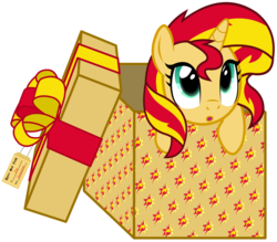 Size: 8000x6996 | Tagged: safe, artist:justisanimation, part of a set, sunset shimmer, pony, unicorn, g4, 2017, :o, absurd resolution, box, cute, female, looking up, mare, new year, open mouth, pony in a box, present, shimmerbetes, simple background, solo, transparent background, vector