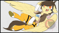 Size: 1280x720 | Tagged: safe, artist:red_moonwolf, pegasus, pony, clothes, goggles, overwatch, ponified, solo, spread wings, tracer