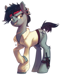Size: 728x915 | Tagged: safe, artist:locksto, oc, oc only, oc:keelhaul, earth pony, pony, clothes, ear piercing, earring, female, jewelry, knife, mare, piercing, pirate, raised hoof, scar, shirt, simple background, smiling, smirk, solo, transparent background