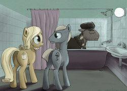 Size: 1024x738 | Tagged: safe, artist:el-yeguero, oc, oc only, earth pony, pony, bathroom, bathtub, butt, clothes, drunk, eye contact, eyes closed, female, floppy ears, fluffy, frown, hat, jewelry, looking at each other, male, mare, necklace, new year, plot, ponified, russian, scarf, shower, stallion, worried