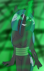 Size: 1840x2943 | Tagged: safe, artist:skyspeardraw, queen chrysalis, anthro, g4, barbie doll anatomy, breasts, featureless breasts, female, glowing horn, grin, horn, smiling, solo