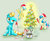 Size: 1024x839 | Tagged: safe, artist:helmie-art, bon bon, lightning dust, sunshower raindrops, sweetie drops, earth pony, pegasus, pony, g4, 3:, battery, christmas tree, clothes, cute, electricity, floppy ears, frown, grin, hat, hoof hold, jumper cables, new year, pointing, raised eyebrow, santa hat, sitting, smiling, socks, spread wings, squee, tree, trio, unamused