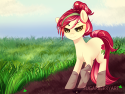 Size: 1600x1200 | Tagged: safe, artist:sugarberry, roseluck, pony, g4, alternate hairstyle, clothes, dirt, female, gardening, gloves, grass, hair bun, lidded eyes, looking down, smiling, solo