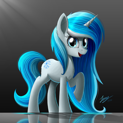 Size: 2000x2000 | Tagged: safe, artist:duskie-06, oc, oc only, oc:snowflake frost, pony, unicorn, blue eyes, female, gradient background, high res, horn, looking at you, mare, open mouth, raised hoof, reflection, smiling, solo, unicorn oc