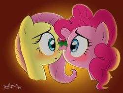 Size: 1200x900 | Tagged: safe, artist:thealjavis, fluttershy, pinkie pie, g4, blushing, female, gradient background, holly, holly mistaken for mistletoe, lesbian, nose wrinkle, nuzzling, ship:flutterpie, shipping, smiling