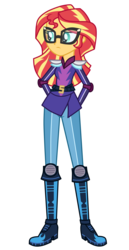 Size: 1800x3500 | Tagged: safe, artist:mixiepie, sunset shimmer, equestria girls, g4, alternate universe, arm behind back, breasts, clothes, female, frown, glasses, high heel boots, motocross outfit, motorcross, simple background, solo, sunspecs shimmer, transparent background, vector