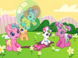 Size: 640x480 | Tagged: safe, screencap, cheerilee (g3), pinkie pie (g3), rainbow dash (g3), scootaloo (g3), sweetie belle (g3), pony, g3, g3.5, newborn cuties, once upon a my little pony time, over two rainbows, baby, baby pony, bubble, clothes, diaper, g3.75, magic, mud, rainbow dash always dresses in style, remake, remastered, scarf, sweetie belle's magic brings a great big smile