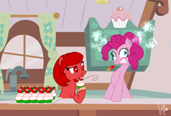 Size: 830x560 | Tagged: safe, artist:panda-jenn, pinkie pie, oc, oc:spicy demon, g4, cupcake, food, hot pepper