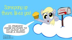 Size: 1024x576 | Tagged: safe, artist:newportmuse, derpy hooves, pegasus, pony, g4, cloud, female, food, looking at you, mailbox, mare, muffin, signature, speech bubble, yellow words